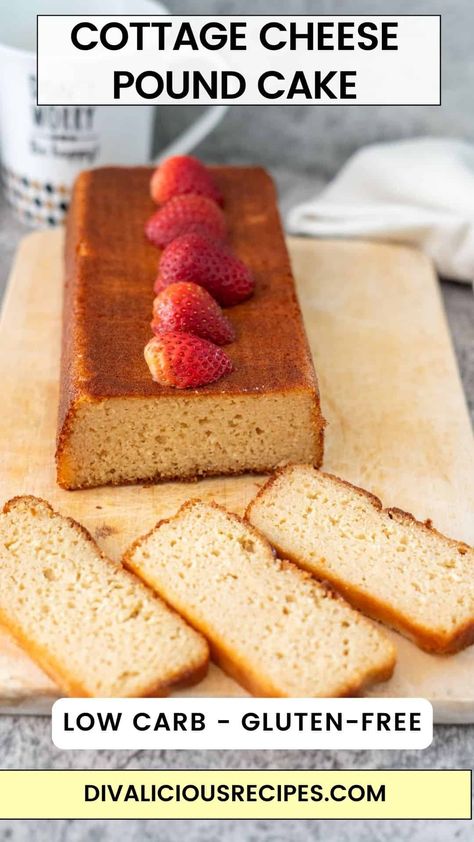 Cottage Cheese Pound Cake Cottage Cheese Pound Cake, Protein Pound Cake, Cottage Cheese Cake, Almond Milk Cheese, Cheese Pound Cake, Healthier Sweets, Baking With Coconut Flour, Low Carb High Protein, Low Carb Flour