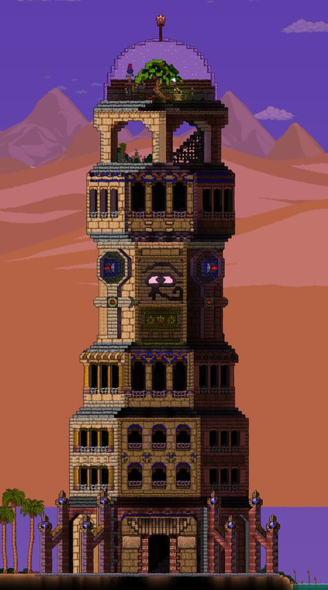 Terraria Cyberpunk, Terraria Plant Farm, Terraria Build Ideas, Terraria Desert House, Terraria Tower, Terraria Builds Ideas, Terraria Base Ideas, Terraria Mods, Desert Tower