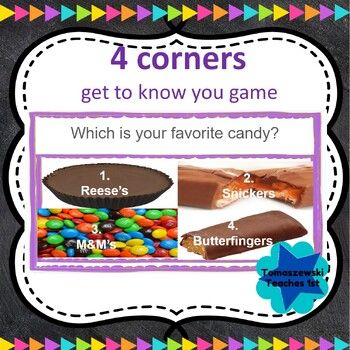 This 4 corner game has 4 pictures along with the names for pre-reading students. To play students go stand in labeled corners around your room 1-4 based on their answer to the posted question. Fun get to know you questions like what is your favorite season, favorite food, etc. makes getting to know your students and their classmates fun. Get To Know You Games With Kids, 4 Corners Ice Breaker Game, 4 Corners Game Questions, 4 Corners Game, Four Corners Game, Getting To Know Your Students, School Icebreakers, Library Games, September Activities