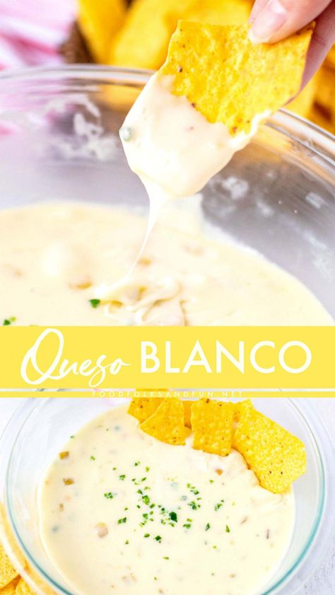 This 4-ingredient Queso Blanco Dip is so creamy, irresistible and most importantly, comes together in just minutes! Everyone always loves this Velveeta Queso Blanco. I’ve even caught guests licking the bowl! #dip #diprecipe #appetizer #gameday #tailgating #snacktime #superbowl #recipe #superbowlrecipe #mexicanfood #comfortfood #snacks #foodfolksandfun Dips Crockpot, Velveeta Queso Blanco, Queso Dips, Crockpot Queso, Cheese Dip Crock Pot, Crock Pot Queso, Velveeta Queso, Queso Blanco Dip, White Queso Dip