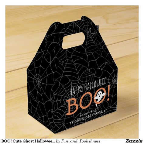 Personalized Halloween Favor Boxes -Add a fun finishing touch to your custom Halloween gifts or sweet candy treats with these personalized "BOO! gable favor boxes. Top and bottom text can fully customized. The black, white, and orange design features a cute spooky ghost, creepy spiderwebs, and simple modern handwritten style typography. Perfect for October birthday party favors or trick or treat. Happy Halloween! Affiliate Link October Birthday Parties, Ghost Halloween Party, Halloween Treat Holders, Halloween Favor, Candy Treats, Candy Party Favors, Halloween Favors, Party Hacks, October Birthday