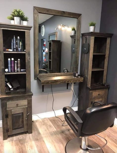 In Home Barber Shop, Barber Shop Small Space, Rustic Salon Stations, Barbershop Setup Ideas, Home Barber Station, Home Barber Shop Ideas Small Spaces, At Home Barber Station, Rustic Barber Shop Decor, Western Hair Salon Ideas