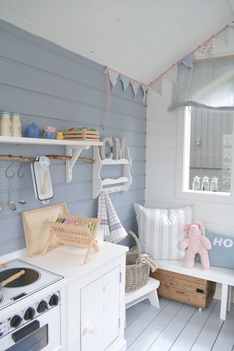 Cubby House Interior, Beach Hut Interior, Cubby House Ideas, Cubby Ideas, Playhouse Interior, Playhouse Decor, Kids Cubby Houses, Kids Cubbies, Garden Playhouse