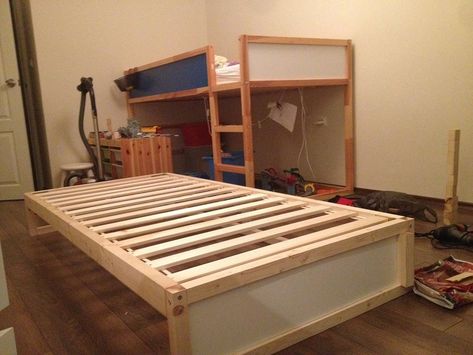 I hacked an extra bunk under the IKEA KURA double bunk bed. You can hide another mattress underneath it too. Double Deck Bed Design, Cama Ikea Kura, Double Bunk Bed, Kura Bed Hack, Ikea Kura Hack, Kura Hack, Cama Ikea, Ikea Kura Bed, Murphy Bed Ikea