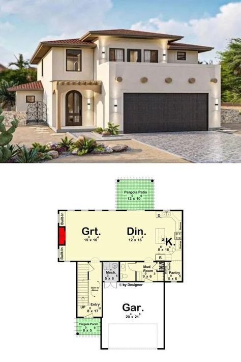 Discover the distinctive charm of our Two-Story Southwest Style 3-Bedroom Adobe-Style House Plan, complete with a spacious loft and balcony. Drawing on the timeless aesthetics of Southwest architecture. The upper-level loft and balcony add a touch of luxury, providing additional living space and a perfect spot to enjoy panoramic views, contributing to the home's character and appeal. #Houseplans #Floorplans #AdobeHousePlan #SouthwestStyleHome #HouseWithLoftAndBalcony Arizona Homes Floor Plans, Mexican Home Floor Plans, Southwest Home Plans, 2 Story Hacienda Floor Plan, Floor Plans Spanish Style, New Mexico House Plans, Adobe House Plans With Courtyard, Modern Desert House Plans, Spanish Style Home Layout