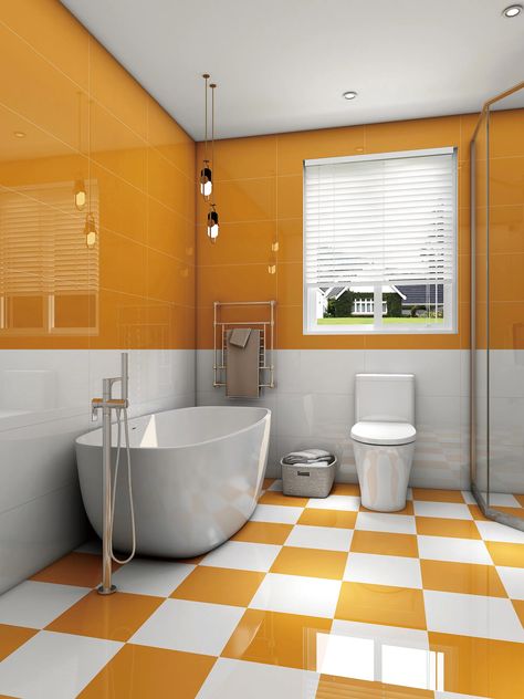 Bathroom Orange Floor, Orange And White Bathroom, Orange Bathroom Tiles Ideas, Orange Floor Tiles, Bathroom Orange Tile, White Bathroom Floor, Orange Bathrooms Designs, Checkered Floor Kitchen, Nordic Style Kitchen