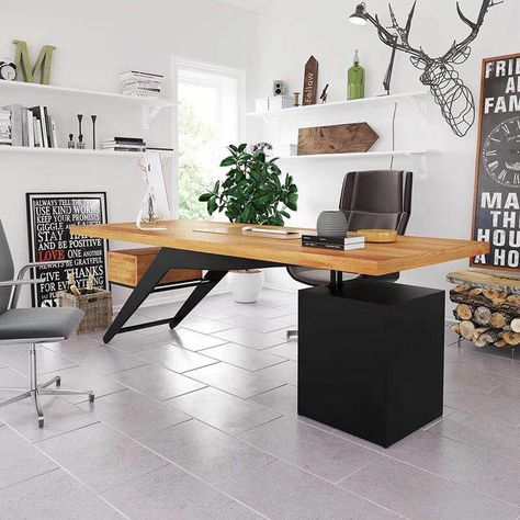 Industrial Office Table, Wood Home Office, Solid Wood Office Desk, Desk Product, Working Room, Elegant Home Office, Modern Home Office Desk, Wood Office Desk, Deck Colors