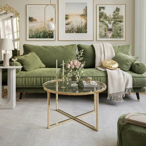 Living Room Design Green, Green Couch Living Room, Green Sofa Living Room, Green Living Room Decor, Gold Living Room, Colourful Living Room, Living Room Green, Lounge Decor, Decoration Inspiration