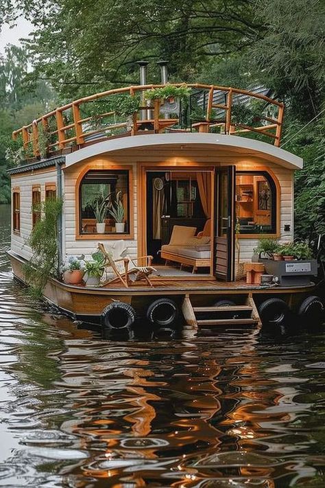 Houseboats Interiors, Houseboat Decor, Small Houseboats, Boat House Interior, Houseboat Living, House Boats, Boat Interior, Floating House, Fantasy House