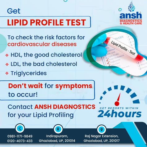 Don't wait for symptoms to occur! Get Lipid Profile Test done at #AnshDiagnostics. 📞Call us at 0120-4376887 , 8527259644, 9811719849. #CVD #lipidprofiling #cholestrol #triglycerides #anshdiagnosticscentre #indirapuram #RajNagarExtension #QualityCare #HealthForAll Lipid Profile, Uric Acid, Cardiovascular Disease, Disease, Health Care, Good Things, Health, Quick Saves