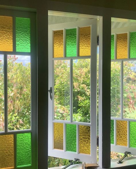 Yellow Stained Glass Window, Window Roof Design, Stained Glass Windows In Homes, Stained Windows, Elizabeth Bennett, Garage Guest House, Apartment Vibes, Window Grill, Window Color