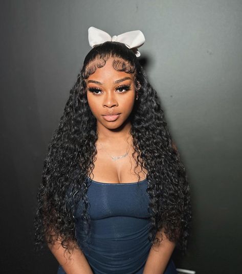 Bow Hairstyle Black Women Deep Wave, Deep Wave Wig With Bow, Deep Wave Wig Styles With Bow, Deep Wave Bow Hairstyle, Deep Wave Hairstyles For Black Women, Deep Wave Lace Front Wigs, Deep Wave Wig, Long Hair Waves, Deep Wave Hair