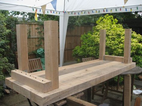 Extra large banqueting table from new oak railway sleepers Rustic Wood Furniture Diy, Sleeper Table, Outdoor Dining Table Diy, Diy Garden Table, Sleepers In Garden, Rustic Outdoor Furniture, Wood Table Diy, Diy Bench Outdoor, Railway Sleepers