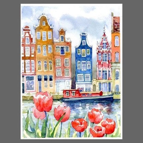 Urban Sketching Amsterdam, Amsterdam Acrylic Painting, Watercolor Amsterdam, Dutch House Watercolor, Amsterdam Oil Painting, Watercolour Tutorials, Amsterdam, Watercolor Paintings