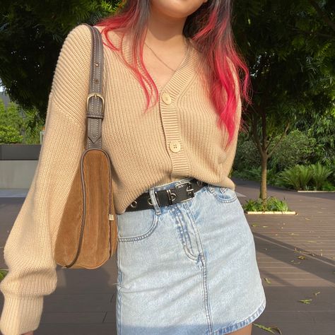 cardigan and light washed denim skirt aesthetic outfit Denim Skirt With Cardigan Outfit, Cardigan And Denim Skirt Outfit, Denim Skirt Cardigan Outfit, Light Blue Jean Skirt Outfit, Light Denim Skirt Outfit, Denim Skirt Aesthetic, Skirt Aesthetic Outfit, Summer Minimal Outfit, Skirt And Cardigan Outfit