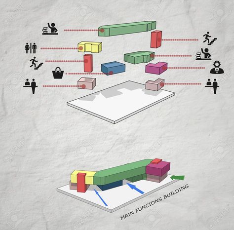 Architectural Massing Diagram, Architecture Sections Photoshop, 3d Zoning Architecture Diagram, 3d Section Architecture, Museum Concept Ideas, 3d Zoning, Conceptual Sketches Architecture Concept Diagram, Massing Diagram Architecture, Section Diagram Architecture