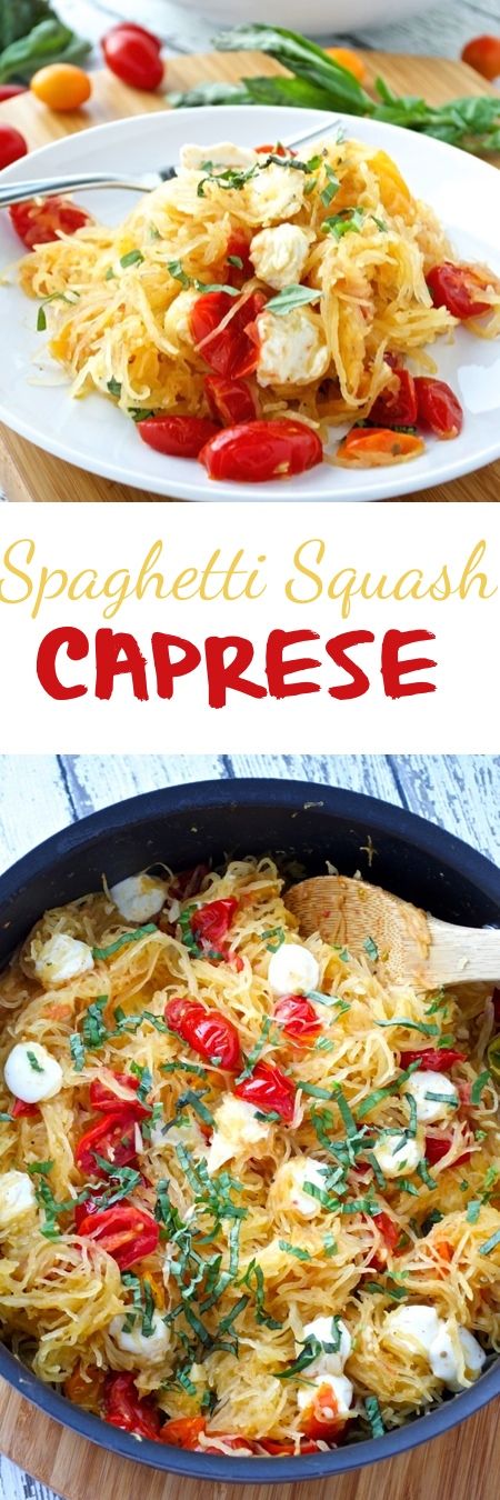 Spaghetti Squash Caprese Pin Pasta Recipes Cheap, Caprese Spaghetti, Tomato And Mozzarella, Recipes Cheap, Spaghetti Squash Recipes, Paleo Dinner, Squash Recipes, Fresh Mozzarella, Recipes Chicken