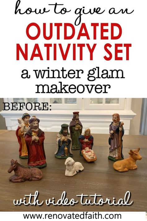 Rustic Glam Christmas Tree, White Nativity Set, Spray Painting Glass, Vintage Nativity Scene, Nativity Scene Display, Best Spray Paint, Winter Glam, Classic Holiday Decor, Vintage Nativity