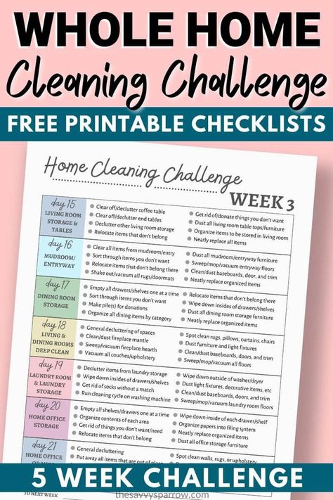 Need free printable cleaning checklists to finally get your house clean? I created this 5 week Whole Home Cleaning Challenge to help myself get my own home clean and I'm sharing it with you! Grab the free printable cleaning challenge to help you declutter, organize, and deep clean your house now! Zone Cleaning Printable, Deep Cleaning House Checklist Monthly, Cleaning By Room Check Lists, Free House Cleaning Printables, Cleaning Calendar Printable Free, Home Organization Challenge, Declutter Calendar Free Printables, Deep Clean Checklist By Room, Room By Room Cleaning Checklist Free