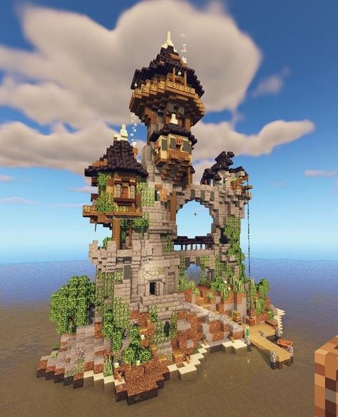 Minecraft Medieval Wizard Tower, Minecraft Fantasy Tower Design, Minecraft Tower House Ideas, Minecraft Wizard Castle, Minecraft Tower Base, Minecraft Mage Tower, Minecraft Observatory Tower, Medieval Tower Minecraft, Minecraft Witch Tower