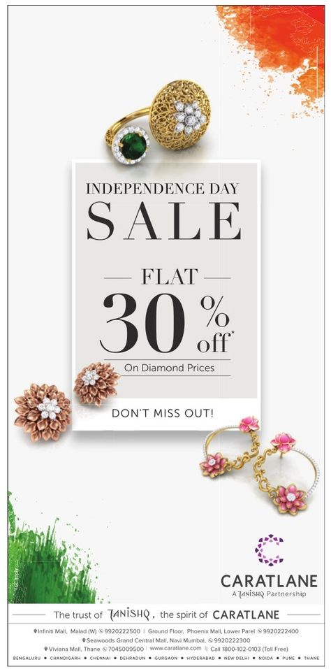 caratlane-independence-sale-sale-flat-30%-off-ad-bombay-times-11-08-2019 Independence Day Sale Creative Ads, Independence Day Jewellery Ads, Sale Creative Ads, Shoe Content, Independence Sale, Independence Day Poster, Independence Day Wishes, Sales Ads, Store Ads