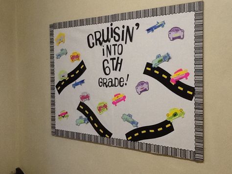 Road Tripping Through History Bulletin Board, Road Trip Classroom Theme, Road Trip Decorations, Travel Bulletin Boards, Travel Classroom, Race Theme, History Bulletin Boards, Road Trip Theme, Travel Theme Classroom