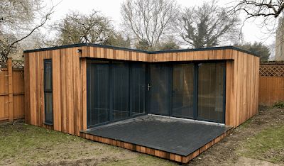 Shedworking: Garden office and family room combined L Shaped Garden, Guest House Shed, Office Shed, Garden Offices, Garden Pods, Garden Cabins, Summer House Garden, House Shed, Timber Buildings