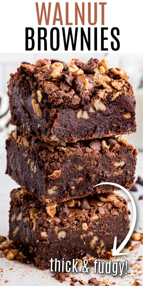 Stack of three thick and fudge walnut brownies. Fudge Nut Brownies, Nut Brownies Recipe, Best Walnut Brownie Recipe, Rich Fudgy Brownies, Chocolate Brownies With Nuts Recipe, Brownie Recipes Walnut, Brownies With Almonds, Fudgy Walnut Brownies, Brownie Walnut Recipes