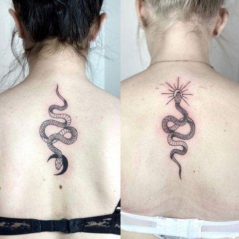 Couple Snake Tattoos, Matching Snake Tattoos For Best Friends, Snake Matching Tattoos, Matching Tattoos Snake, Twin Snake Tattoo, Matching Snake Tattoos, Duo Tattoos, Matching Sister Tattoos For 2, Bestie Tattoos