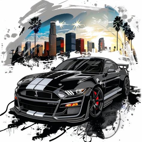 Car Artwork Illustration, Black Ford Mustang, Mustang Shelby Cobra, Mustang Art, Wall Poster Art, Wallpaper Printable, Ford Mustang Shelby Cobra, Cars Brand, Shelby Mustang