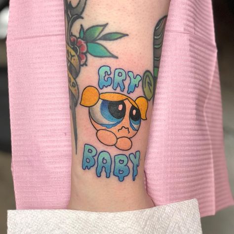 Bubbles Powerpuff Tattoo, Powerpuff Tattoo, Powerpuff Girls Tattoo, Bubbles From Powerpuff, Mama Tattoos, Bubble Tattoo, Colored Tattoos, Baby Bubbles, Pastel Tattoo