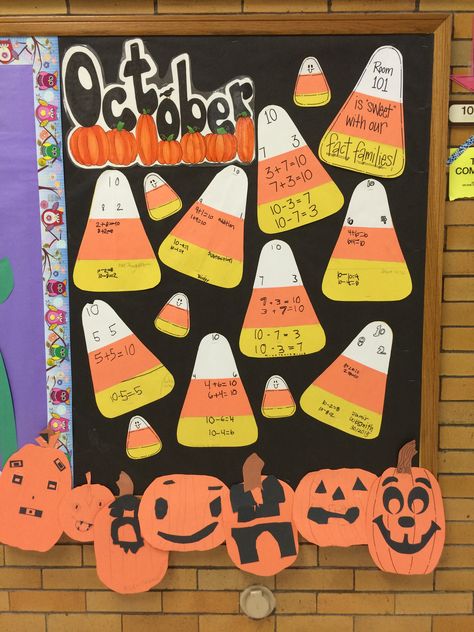 October bulletin board- math fact family candy corns Fact Family Bulletin Board, Candy Corn Math 1st Grade, October Math Bulletin Boards, Halloween Math Bulletin Boards, Fall Math Bulletin Board Ideas, October Bulletin Boards Elementary, Candy Corn Bulletin Board Ideas, Addition Bulletin Board, Fact Family Craft