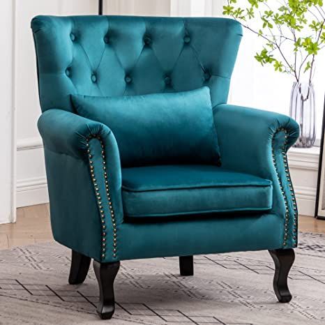 Janoray Mid Century Modern Accent Chair Upholstered Armchair Comfy Velvet Fabric Single Sofa with Tufted Wingback for Small Spaces Bedroom Living Room, Teal Comfy Sofa Chair, Comfy Corner Sofa, Corner Sofa And Chair, Padded Seating, Reading Armchair, Chair Comfy, Club Bedroom, Mid Century Accent Chair, Chair Mid Century