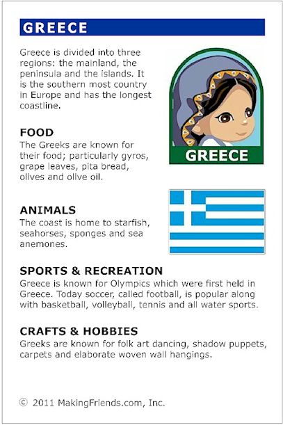 Greece Fact Card for your Girl Scout World Thinking Day or International celebration. Free printable available at MakingFriends.com. Fits perfectly in the World Thinking Passport, also available at MakingFriends.com Facts About Greece, Around The World Theme, Country Studies, Homeschool Geography, World Thinking Day, Country Facts, Greek Language, Girl Scout Ideas, School Celebration