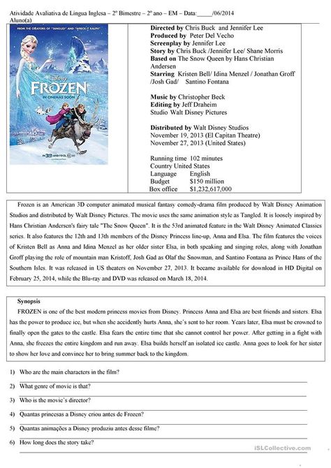 Frozen film - English ESL Worksheets for distance learning and physical classrooms Open Ended Questions, Wh Questions, Teaching Jobs, Esl Worksheets, Film Review, Reading Skills, Reading Comprehension, Distance Learning, The Movie