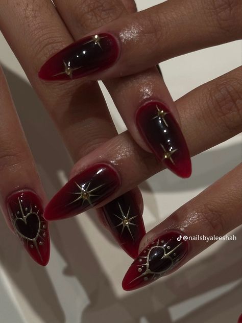 Sherlock Holmes Nails, Witchy Red Nails, Tvd Inspired Nails, Red Celestial Nails, Dark Red Heart Nails, Red Witchy Nails, Vampy Red Nails, Gothic Red Nails, Dark Elegant Nails