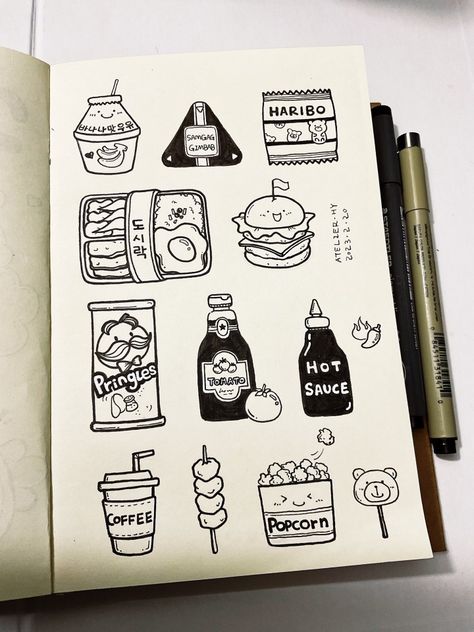 Doodle Art Food, Food Doodle Art, Recipe Drawing, Cute Easy Doodles, Beauty Art Drawings, Easy Doodle Art, Easy Doodles Drawings, Bullet Journal Art, Cute Doodles Drawings