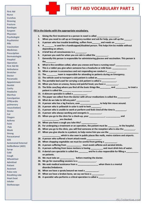 First Aid Vocabulary Part 1 general…: English ESL worksheets pdf & doc First Aid Worksheets, Medical Worksheets, Medical Activities, Medical Vocabulary, Health Worksheets, General English, Unscramble Words, Homeschool Geography, Business English