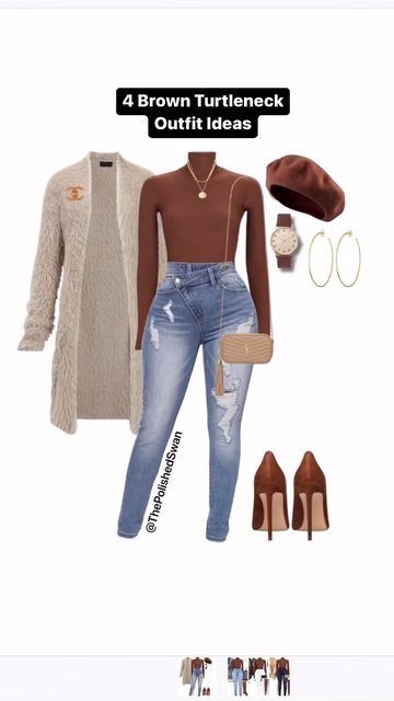 The Polished Swan™️ | Outfits for Women on Instagram: "4️⃣ Ways to Style a Brown Turtleneck #tbt . . #thepolishedswan #momlife #teacherfashion #nursefashion #nursefashionista #wardrobestylist #wardrobegoals #wardrobestaples #fallfashion2022" Brown Turtle Neck Outfit, Light Brown Pants Outfit, Brown Turtleneck Outfit, Brown Shirt Outfit, White Turtleneck Outfit, Outfit Inspo For Women, Light Jeans Outfit, Black Turtleneck Outfit, Turtleneck Sweater Outfit