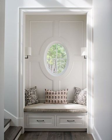 Alcove Seating, Entry Nook, Built In Window Seat, Sitting Nook, Storage Bench Seating, Round Window, Entryway Bench Storage, Dekorasi Kamar Tidur, Entryway Storage