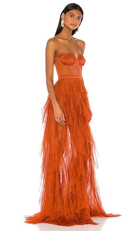 For Love & Lemons x REVOLVE Bustier Gown in Rust | REVOLVE X Revolve Bustier Gown, Revolve Bustier Gown, Prom Dresses Orange, Revolve Fashion, Moh Dress, Bustier Gown, Madison Beer Hair, Black Tie Dresses, Wedding Guests Dresses