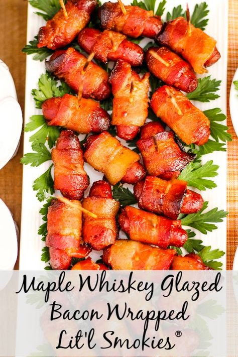 Bacon Appetizer, Bacon Party, Whiskey Glaze, Smokies Recipe, Bacon Wrapped Smokies, Maple Whiskey, Breaded Mushrooms, Bourbon Tasting, Fantastic Recipes