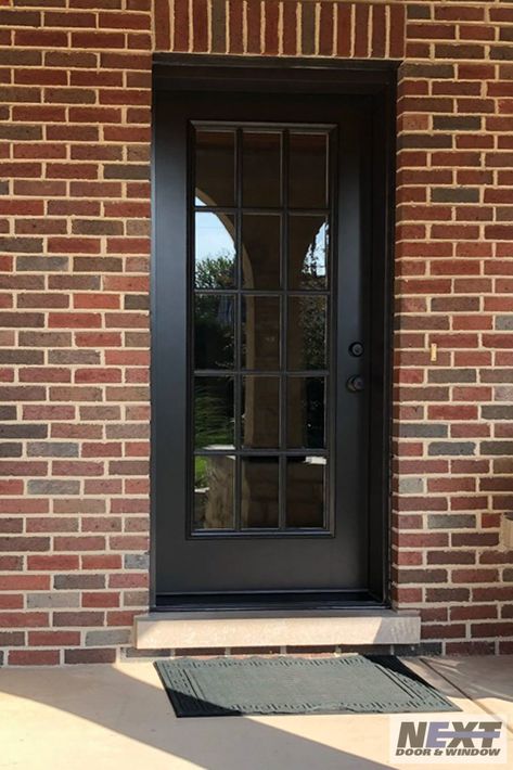 Modern Front Doors With Glass Panels Black, Black Glass Doors Exterior Front Entry, Full Glass Front Door Black, Black Exterior Door, Black Front Door With Windows, Black Front Door With Frosted Window, Steel Doors Exterior Entrancepatio, Iron Front Door Single Modern, Black Entry Doors