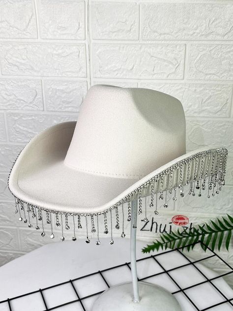 White Hats For Western-themed Events, White Rhinestone Cowgirl Hat, Silver Rhinestone Hat For Rodeo, White Western Hat With Rhinestones, Rhinestone-embellished Rodeo Hat With Curved Brim, Tassels Decor, Unique Hats, Cowgirl Hats, White Collar