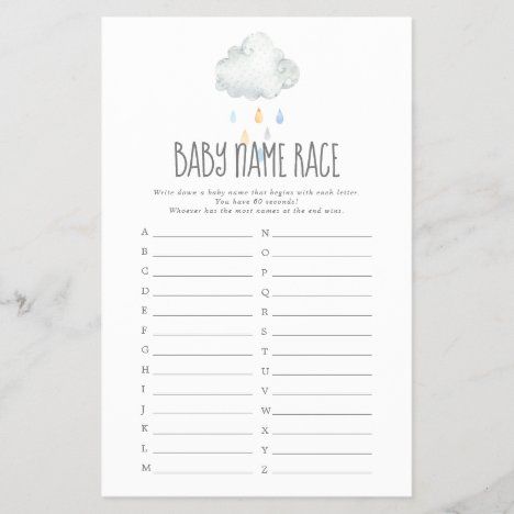 Rain Cloud Boy Baby Shower Baby Name Race Game Couples Baby Shower Games, Rain Baby Showers, Cloud Baby Shower Theme, Baby Abc Game, Rain Baby, Modern Baby Names, Baby Name Game, Pastel Baby Shower, Boy Baby Shower Games