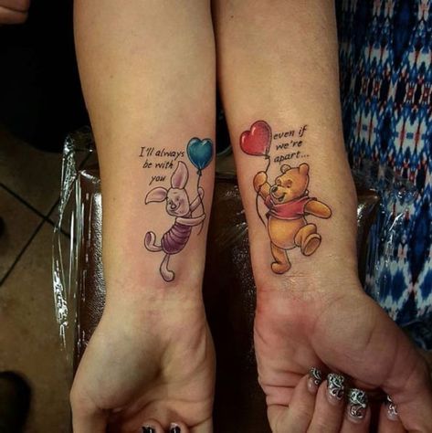 Disney Sister Tattoos, Tattoo Planets, Matching Disney Tattoos, Niece Tattoo, Disney Tattoos Quotes, Disney Couple Tattoos, Literary Tattoo, Winnie The Pooh Tattoos, Font Tato