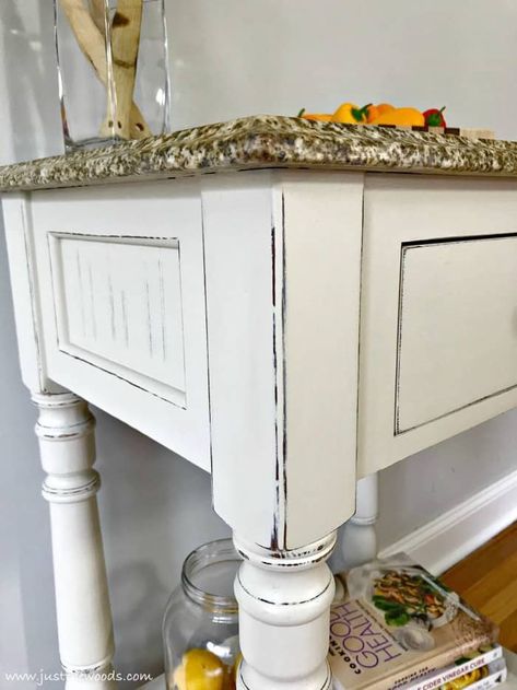 See how to distress painted wood for a farmhouse finish when you love distressed furniture. You can DIY your own distressed white furniture when distressing chalk paint with these simple steps. Video tutorial included. #paintedfurniture #howtodistresspaintedwood #distresspaintedwood #distressedfurniture #paintedkitchencart #distresswhitepaintedwood Distressed White Furniture, White Distressed Furniture, Distressing Painted Wood, Distressing Chalk Paint, Antiquing Furniture Diy, Distressing Furniture, Distressed Furniture Diy, Distressed Furniture Painting, Distressed Wood Furniture