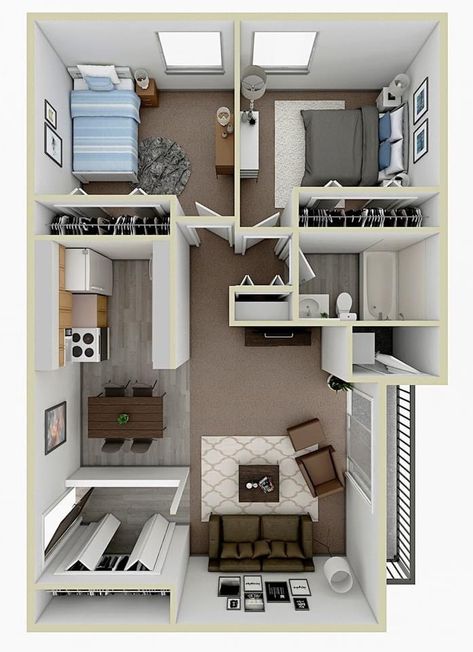 Small House Two Bedroom, Studio House Layout, Small Apartment Layout Floor Plans, Two Bedroom Apartment Layout, Apartment Two Bedroom, Apartments Layout, Townhouse Floor Plan, Apartment Blueprints, Small Apartment Layout