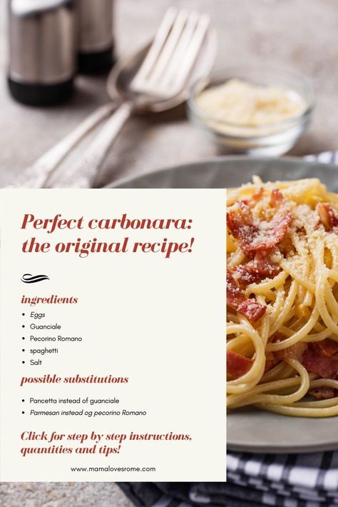 Make real carbonara with this easy to follow recipe by a Rome mama! How to make carbonara pasta, original carbonara ingredients and delicious substitution for those hard to get Italian staples. Spaghetti carbonata like in Rome at home Carbonara Pasta Sauce, How To Make Carbonara, Carbonara Ingredients, Spaghetti Carbonara Recipe, Pasta Carbonara Recipe, How To Make Spaghetti, Food Italian, Travel Foodie, Recipe Step By Step