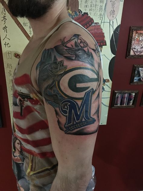 Green Bay Packers, Milwaukee Brewers Tattoo, Wisconsin tattooers, flash, ideas, teams, football, baseball walleye, tattoos by Joshua Nordstrom Milwaukee Tattoo Ideas, Packers Tattoo, Green Bay Packers Tattoo, Brian Dawkins, Flash Ideas, Green Bay Packers Football, Packers Football, Tattoo Videos, Milwaukee Brewers